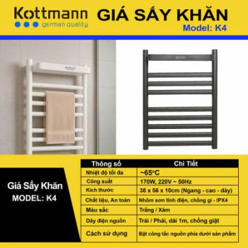 Giá sấy khăn điện treo tường cao loại điều khiển công tắc Kottman K4 -Chính hãng