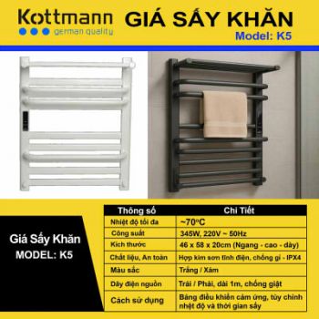 Giá sấy khăn điện treo tường cao loại điều khiển cảm ứng Kottman K5 Chính hãng